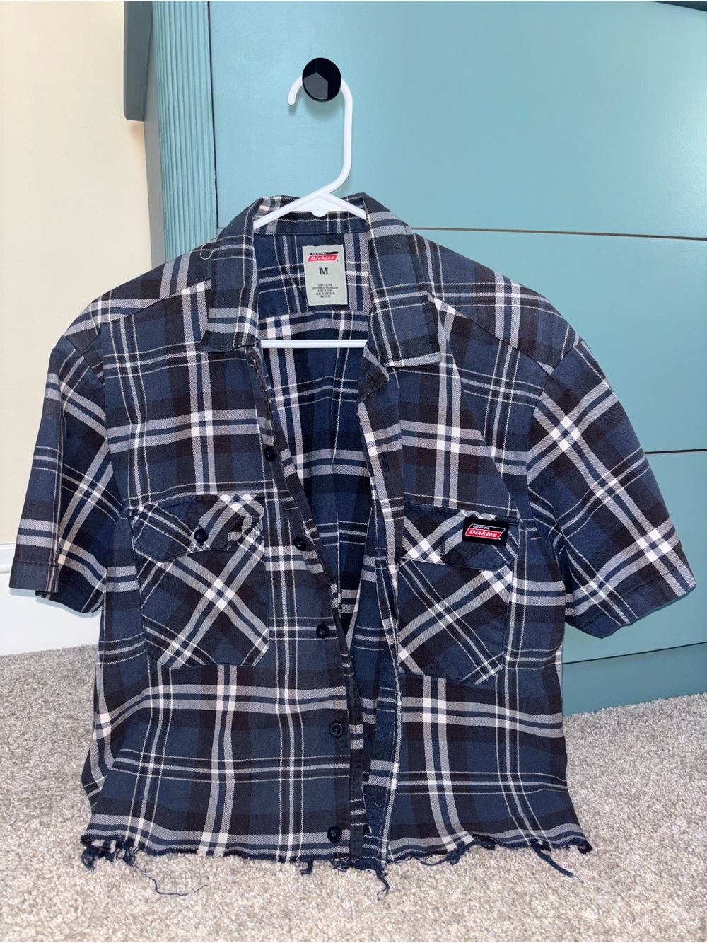 Dickies Navy & Black Plaid Short-Sleeve Button-Down Shirt, Cropped Fit